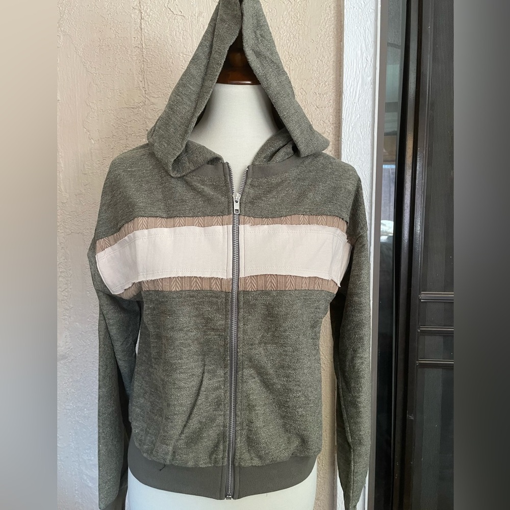 Hem & Thread Olive Green Zip-Up Hoodie with Cream and Tan Accents
